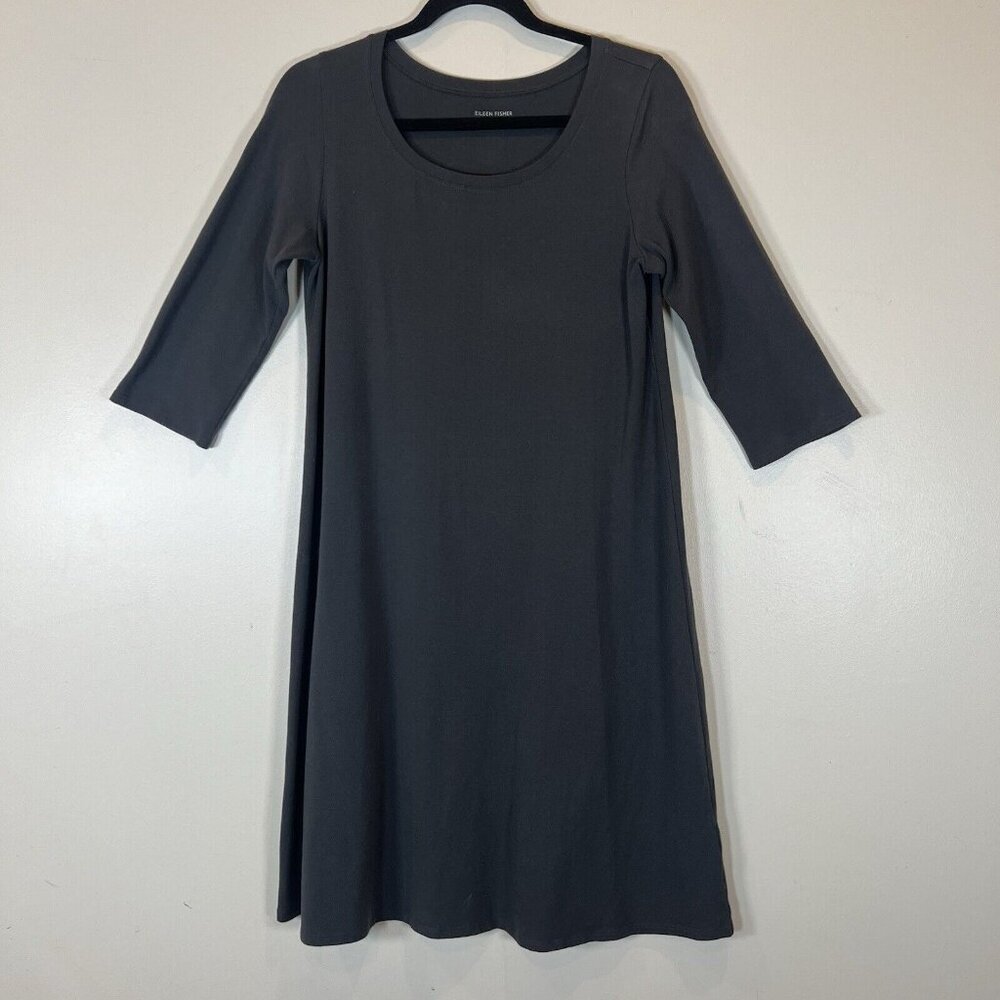 Eileen Fisher Cotton Spandex Gray Round Neck Dress 3/4 Sleeves S